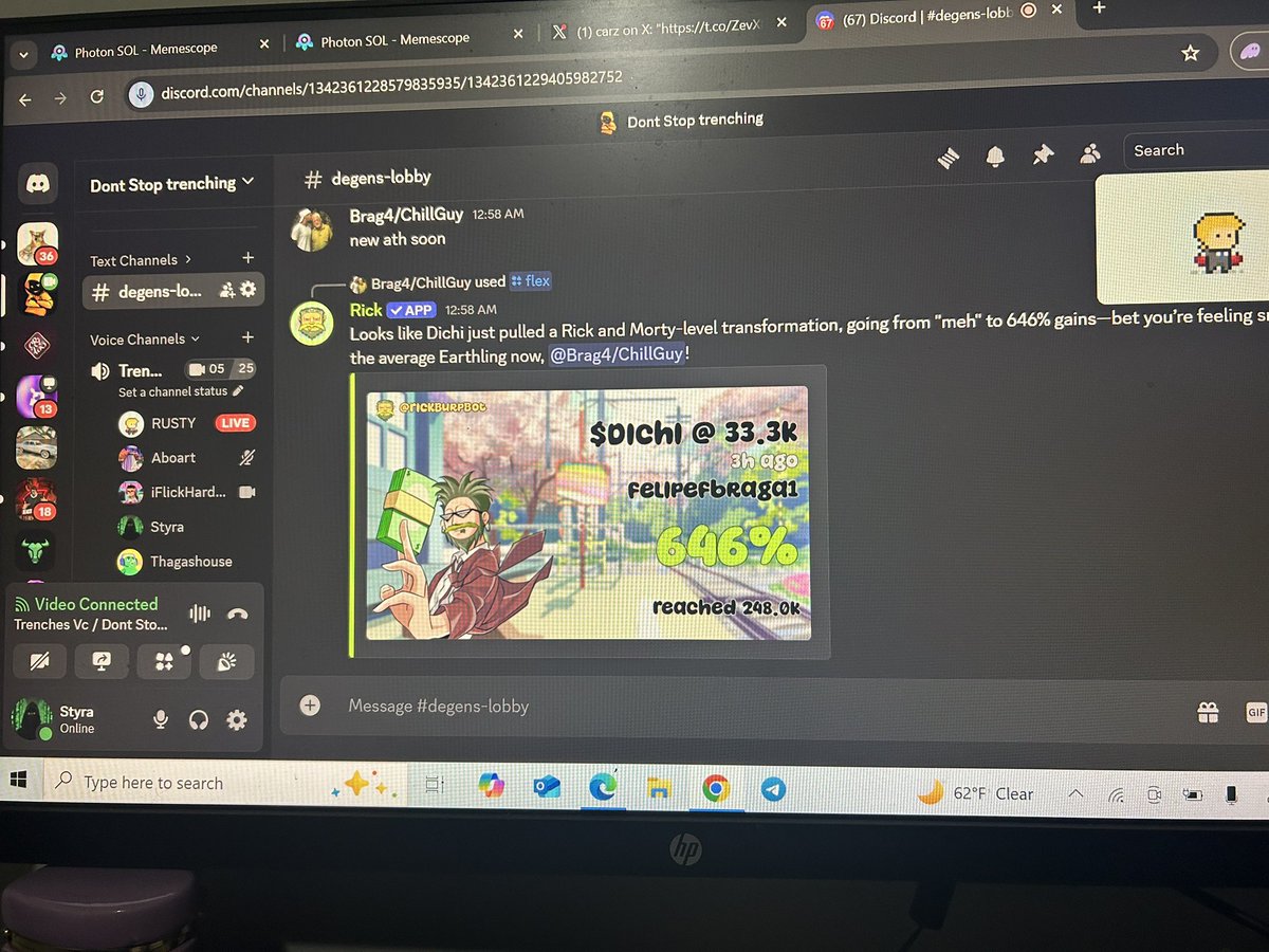 F_styra's tweet photo. DISCORD had a banger night last night , 

Even on slow nights we still hop in vc shoot the shit and scan..

If everyone’s on the same page and build that bond there’s no way your team can lose!!

#SOLANA #MEMECOINS #stinkdex #dichi #chad https://t.co/10x7Sayzzc