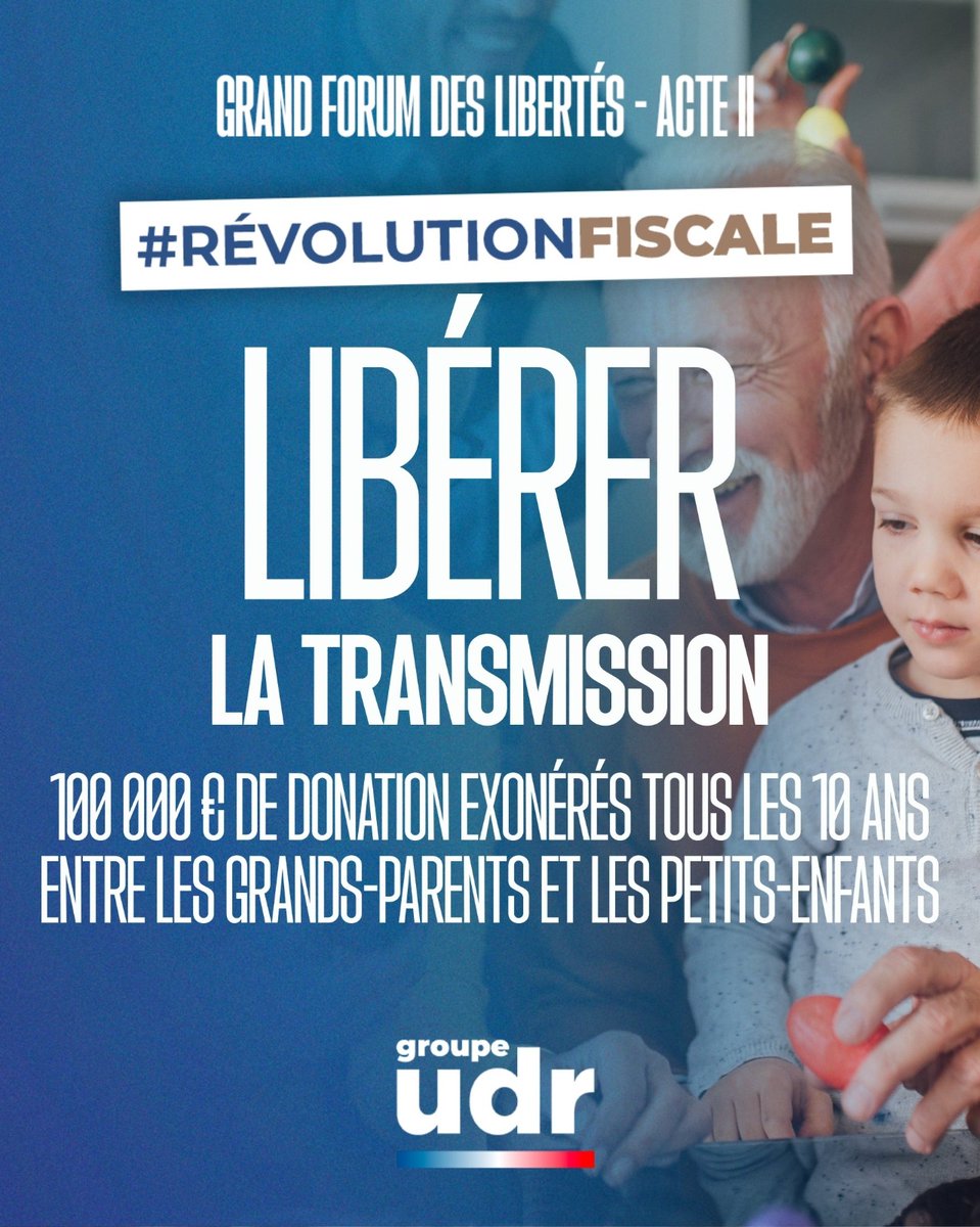 Priorité 3 : Libérer la transmission

Transmettre son patrimoine, c’est transmettre une vie de travail, des valeurs, une histoire.
L’impôt brise cette chaîne.
➡️ Droits de succession supprimés jusqu’à 1M€
➡️ Fin des droits de donation
➡️ Suppression de l'IFI

#RevolutionFiscale