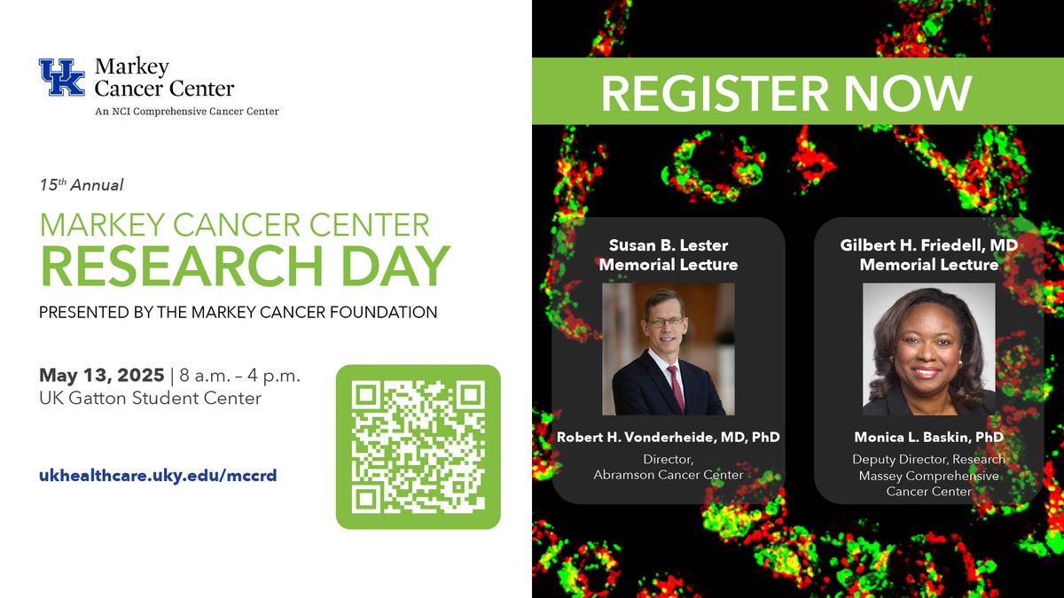 Markey Cancer Center (@ukmarkey) on Twitter photo Unlock the latest in cancer research! Join us May 13th for <a href="/UKMarkey/">Markey Cancer Center</a> Cancer Center Research Day with <a href="/PennCancer/">Penn Medicine - Abramson Cancer Center</a>'s
Dr. Vonderheide & <a href="/VCUMassey/">VCU Massey Comprehensive Cancer Center</a>'s Dr. Baskin. Secure your spot: bit.ly/4kZEhpF Unlock the latest in cancer research! Join us May 13th for <a href="/UKMarkey/">Markey Cancer Center</a> Cancer Center Research Day with <a href="/PennCancer/">Penn Medicine - Abramson Cancer Center</a>'s
Dr. Vonderheide & <a href="/VCUMassey/">VCU Massey Comprehensive Cancer Center</a>'s Dr. Baskin. Secure your spot: bit.ly/4kZEhpF