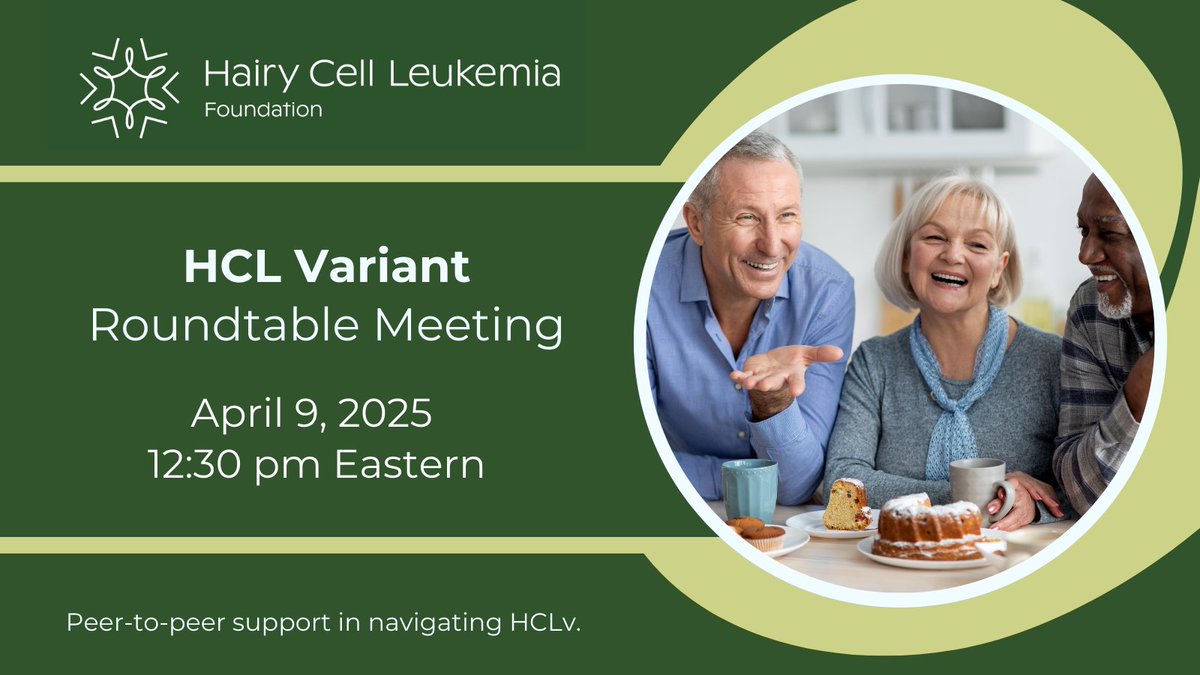 🟢 TOMORROW  

We invite you to our HCL Variant Roundtable Meeting tomorrow, April 9th! This gathering on Zoom is a chance for people with HCL Variant patients and their family members to connect.

Secure your spot—register below!
hairycellleukemia.org/calendar/2025/…