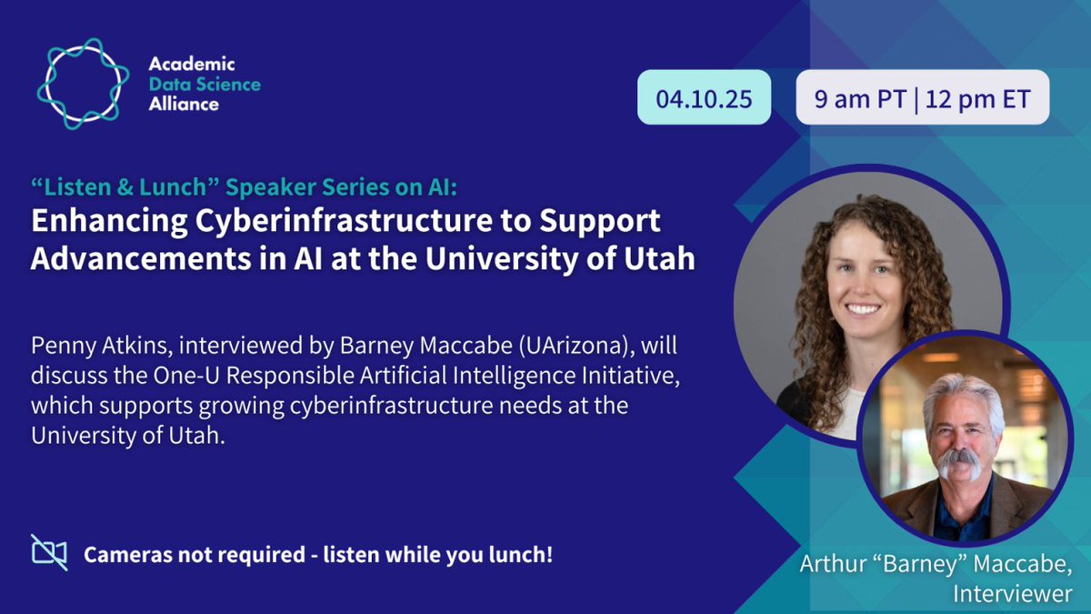 One-U Responsible AI Initiative (@oneu_rai) on Twitter photo Penny Atkins keeps this initiative moving forward through her laser-focused work with people across campus, industry, & gov't. Hear her discuss what's next for RAI cyberinfrastructure & beyond at this <a href="/AcademicDataSci/">Academic Data Science Alliance</a> "listen & lunch" virtual event Thurs.
zoom.us/meeting/regist… Penny Atkins keeps this initiative moving forward through her laser-focused work with people across campus, industry, & gov't. Hear her discuss what's next for RAI cyberinfrastructure & beyond at this <a href="/AcademicDataSci/">Academic Data Science Alliance</a> "listen & lunch" virtual event Thurs.
zoom.us/meeting/regist…