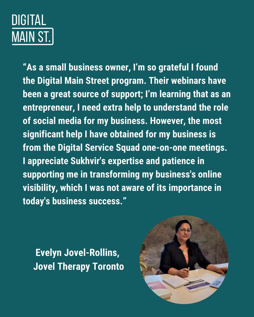 Maria, owner of Jovel Therapy Toronto, worked with Sukhvir from our Toronto DSS to grow + improve her digital presence. With help from DMS, Maria is now reaching more customers on social media.

Learn how we can help: buff.ly/KXR4I3Y

#DigitalMainStreet #TorontoBusiness
