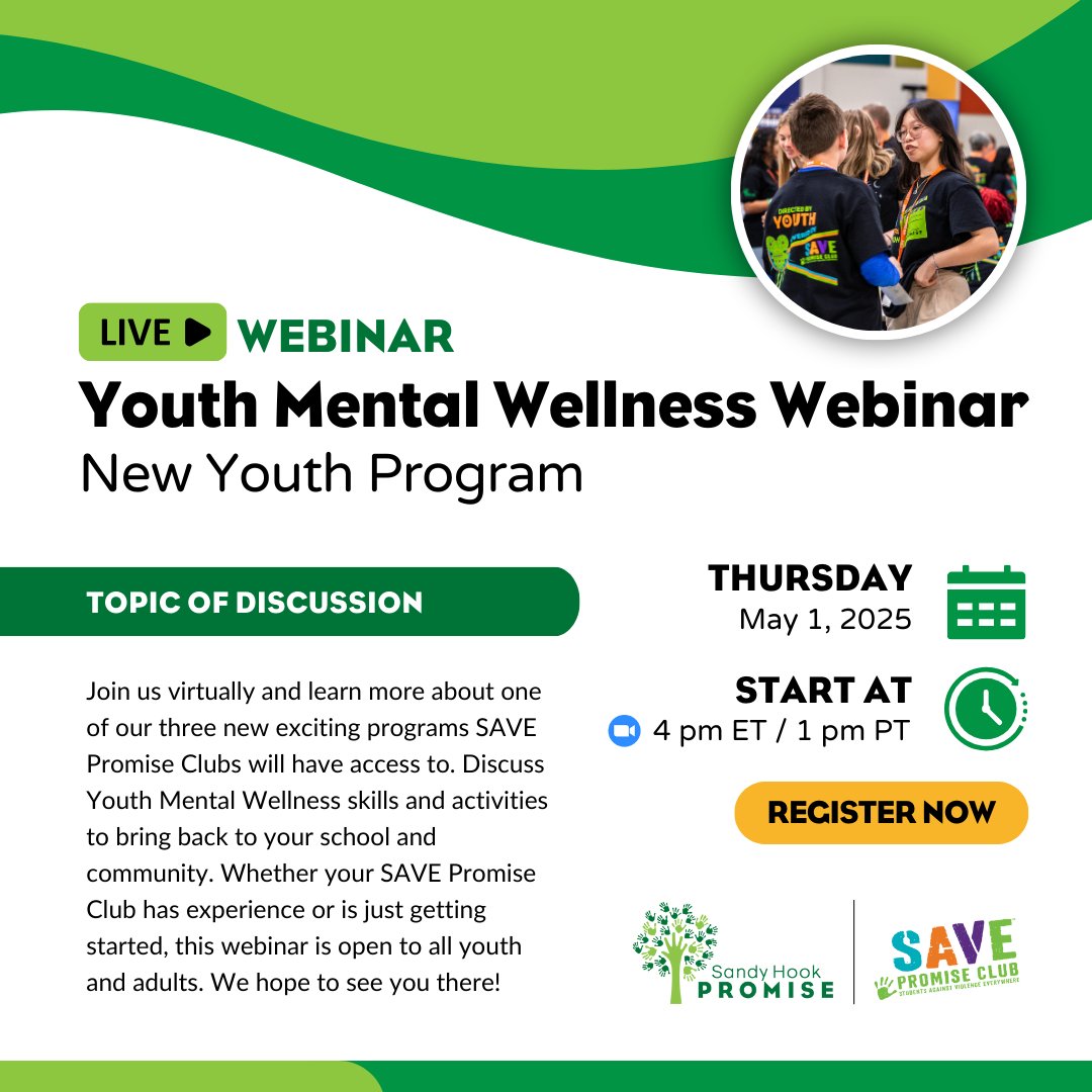 NATIONALSAVE's tweet image. Join us virtually and learn more about one of our three new exciting programs SAVE Promise Clubs will have access to. Discuss Youth Mental Wellness skills and activities to bring back to your school and community.
Register now: sandyhookpromise.tfaforms.net/4844504&xr44=a…
#SAVEPromiseClub