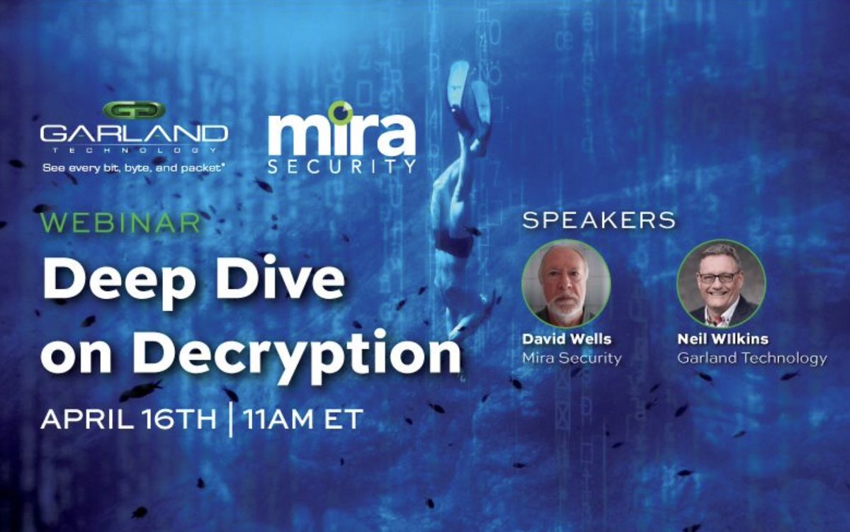 SecurityMira's tweet photo. 🚨 Final Mira x Garland webinar next week!
Join David Wells &amp; Neil Wilkins for a deep dive into TLS 1.3 decryption: handshake, 0-RTT risks, ECH, PQ keying &amp; more. Don’t miss this expert session—register now: https://t.co/adAgULiWFY
#Decryption #NetworkSecurity https://t.co/2bCL9MzcIn