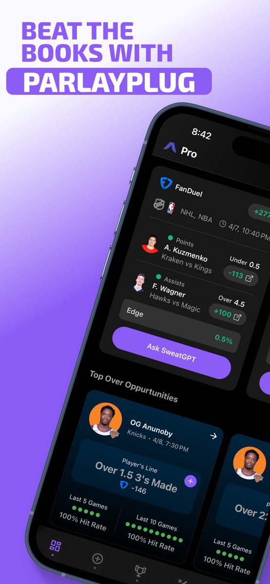 ArbXSports's tweet photo. 🚨 Introducing ParlayPlug by ArbX 🚨

Your new go-to mobile app for smarter parlays and bets 📱

🔍 Real-time prop insights
🔥 Clean, fast UI
💡 Built for edge bettors

Now live on iOS 
🔗 https://t.co/DdBt2H318G

#ParlayPlug #ArbX #SportsBetting #EVbets https://t.co/7QkbO7ha7z