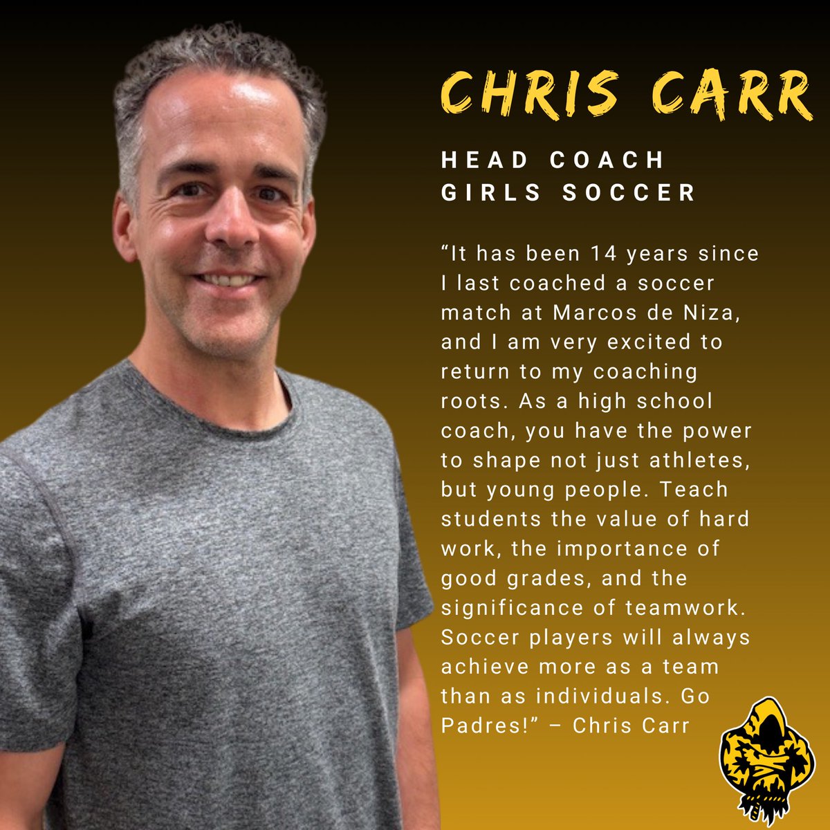 MdNAthletics's tweet photo. Chris Carr has been recommended to the TUHSD Governing Board as the @mdnpadres next Head Girls Soccer for the 25-26 school year. Stay tuned for details on our upcoming Meet the Coach night, where spring & summer training plans will be shared. #PrideandRespect #PadrePower https://t.co/06LmsP5kbU