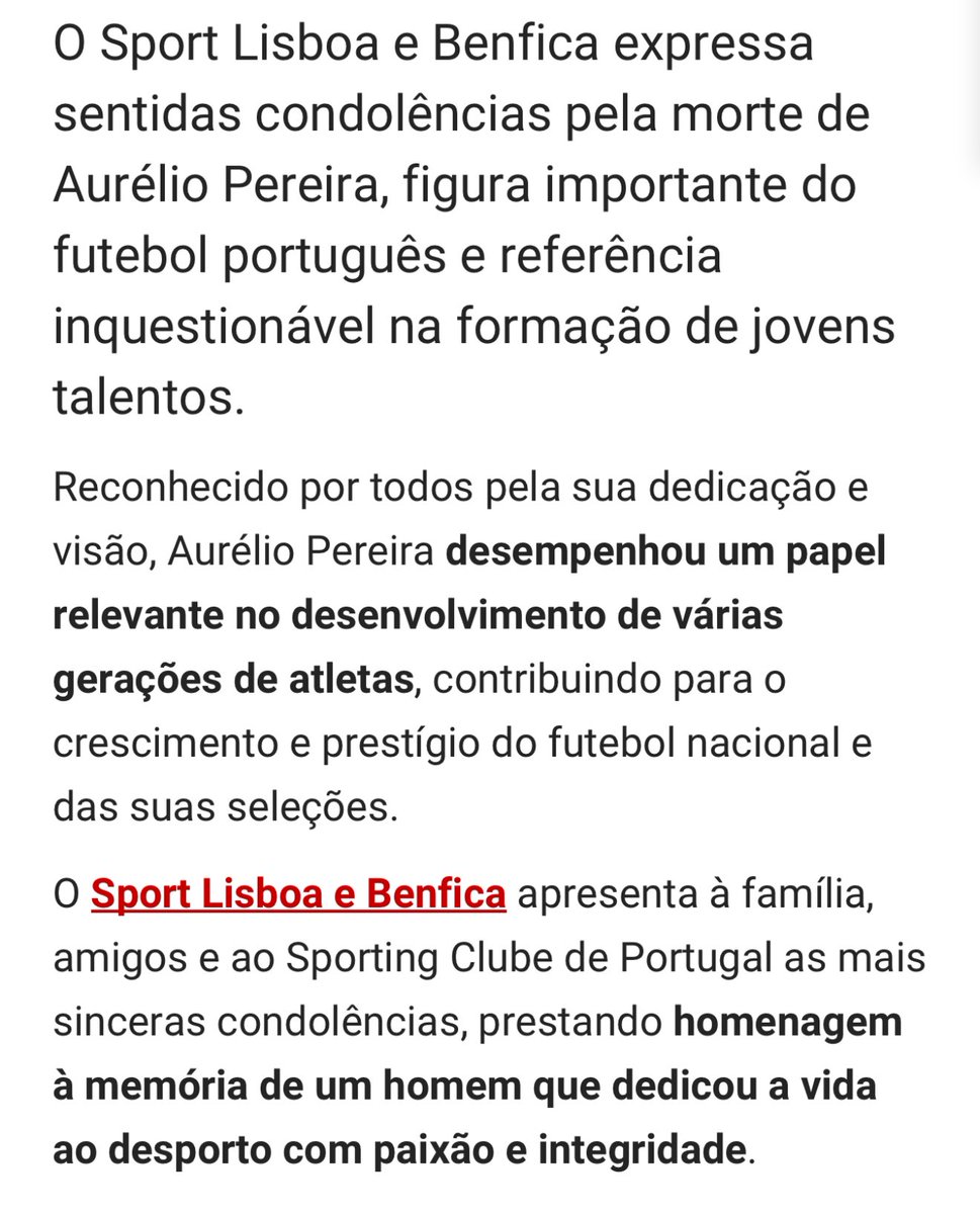 61Maio's tweet photo. O Benfica, com toda a naturalidade e como se exigia, deixou uma nota de pesar pelo falecimento do Sr. Aurélio Pereira

O respeito é para quem o merece. Para quem é leal e íntegro na defesa das suas cores, sejam elas quais forem

LV https://t.co/wthd6JOsS8