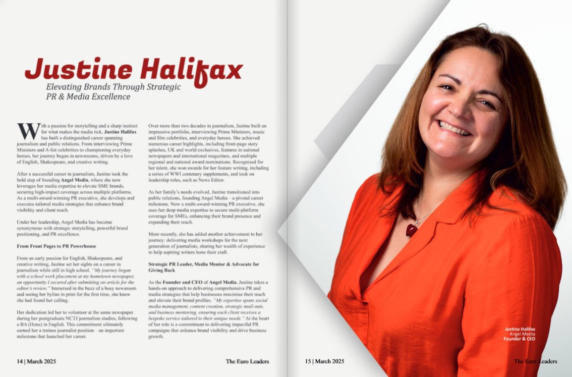 Angel_Media_PR's tweet photo. We did promise...
Following yesterday's post, here's the 4-page feature on our founder, #awardwinning #journalist &amp; former #news #editor turned #PR guru Justine Halifax.
It appeared in the latest edition of The Euro #Leaders magazine as part of a focus on female #CEOs
#ceoinsight https://t.co/235egFVCxK