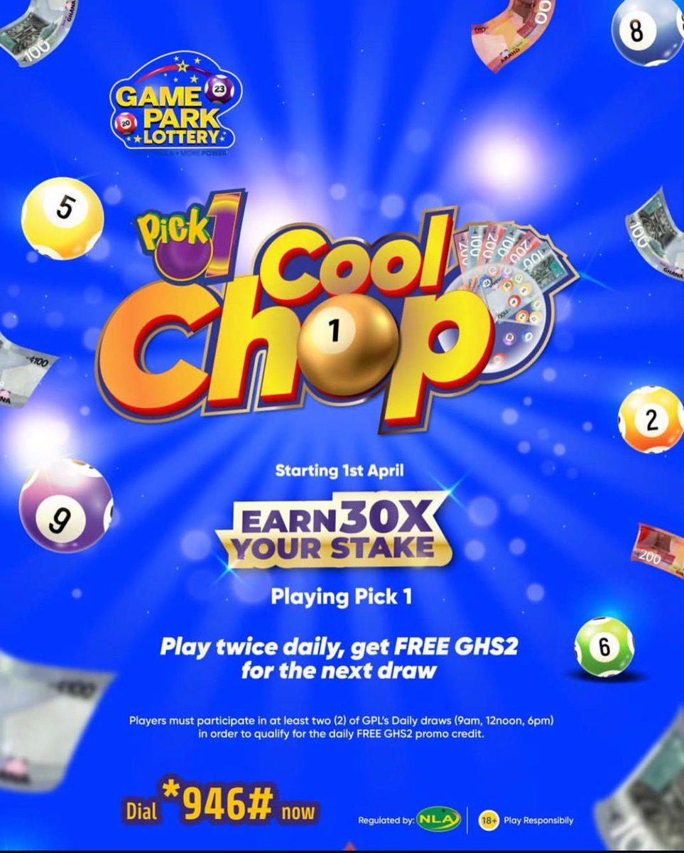 GamePark_GH's tweet photo. Effortless wins!
Stand to earn 30 times your stake when you play
Pick 1 this April!
You also get GHS 2 free gaming credit when you play twice in our daily draws.
Dial *946# to play Pick 1 now!
#Pick1 #CoolChop #GamePark #moremula https://t.co/I0APxdrXch