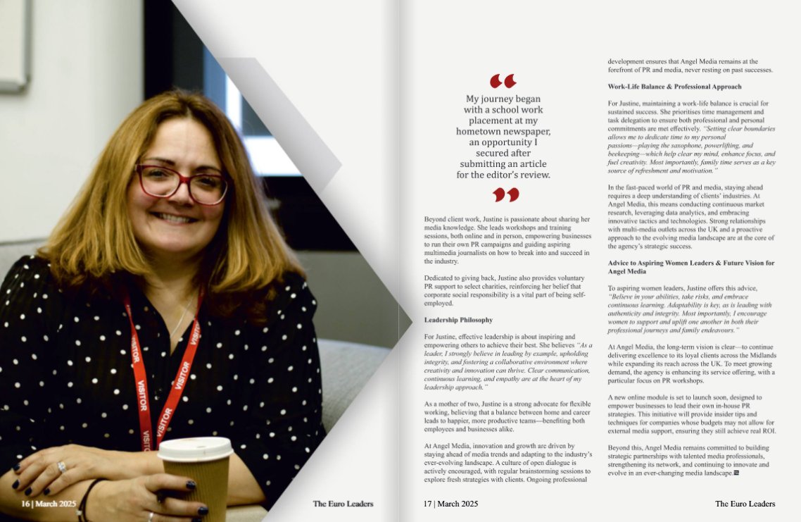 Angel_Media_PR's tweet photo. We did promise...
Following yesterday's post, here's the 4-page feature on our founder, #awardwinning #journalist &amp; former #news #editor turned #PR guru Justine Halifax.
It appeared in the latest edition of The Euro #Leaders magazine as part of a focus on female #CEOs
#ceoinsight https://t.co/235egFVCxK