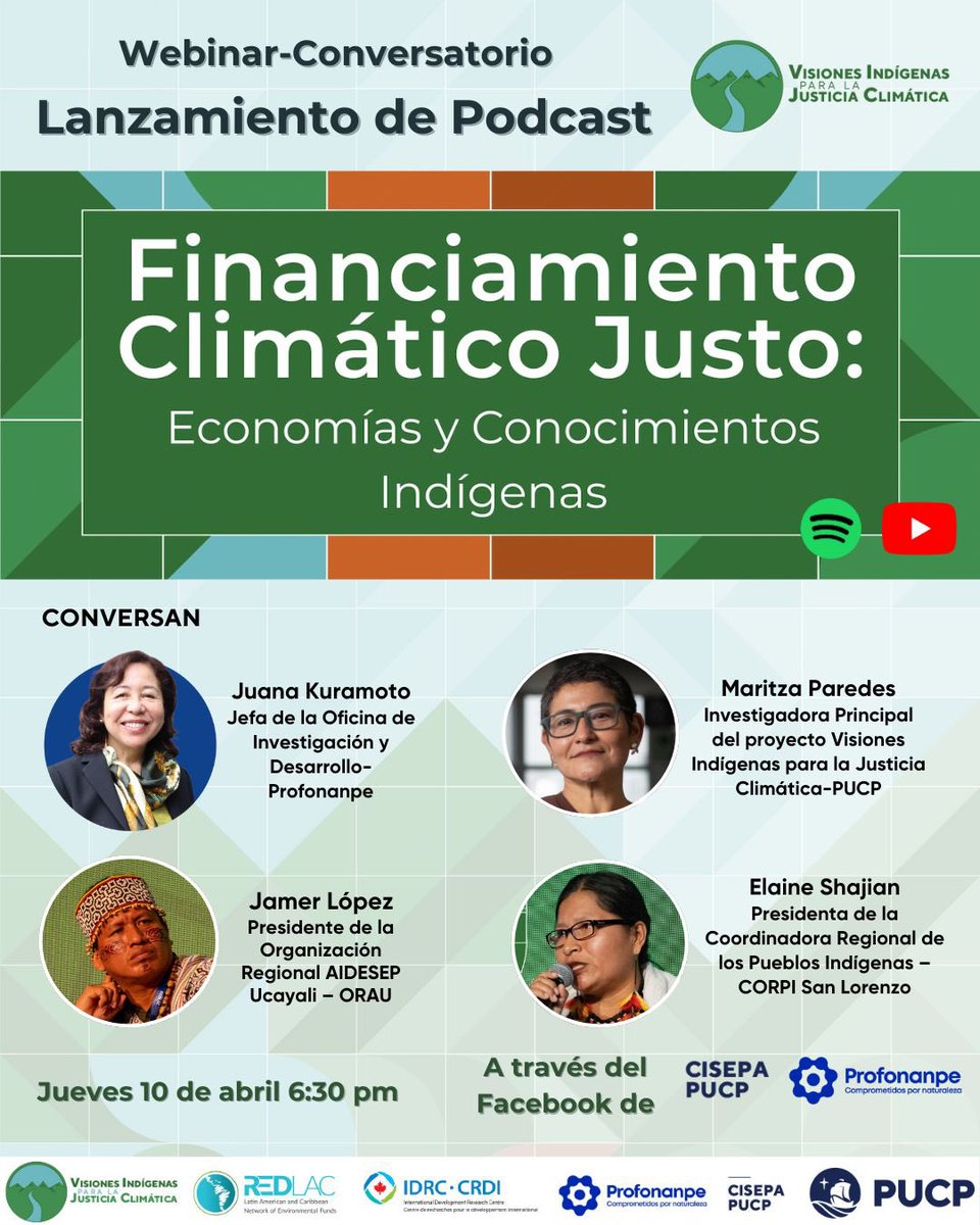 Visiones Indígenas para la Justicia Climática (@justiciaclima) on Twitter photo #Webinar | Te invitamos al Lanzamiento de nuestro Podcast📢
📍Facebook live <a href="/cisepa_pucp/">CISEPA PUCP</a> <a href="/profonanpe_peru/">Profonanpe</a>
⏰ Jueves 10 de abril, 6:30pm #Webinar | Te invitamos al Lanzamiento de nuestro Podcast📢
📍Facebook live <a href="/cisepa_pucp/">CISEPA PUCP</a> <a href="/profonanpe_peru/">Profonanpe</a>
⏰ Jueves 10 de abril, 6:30pm