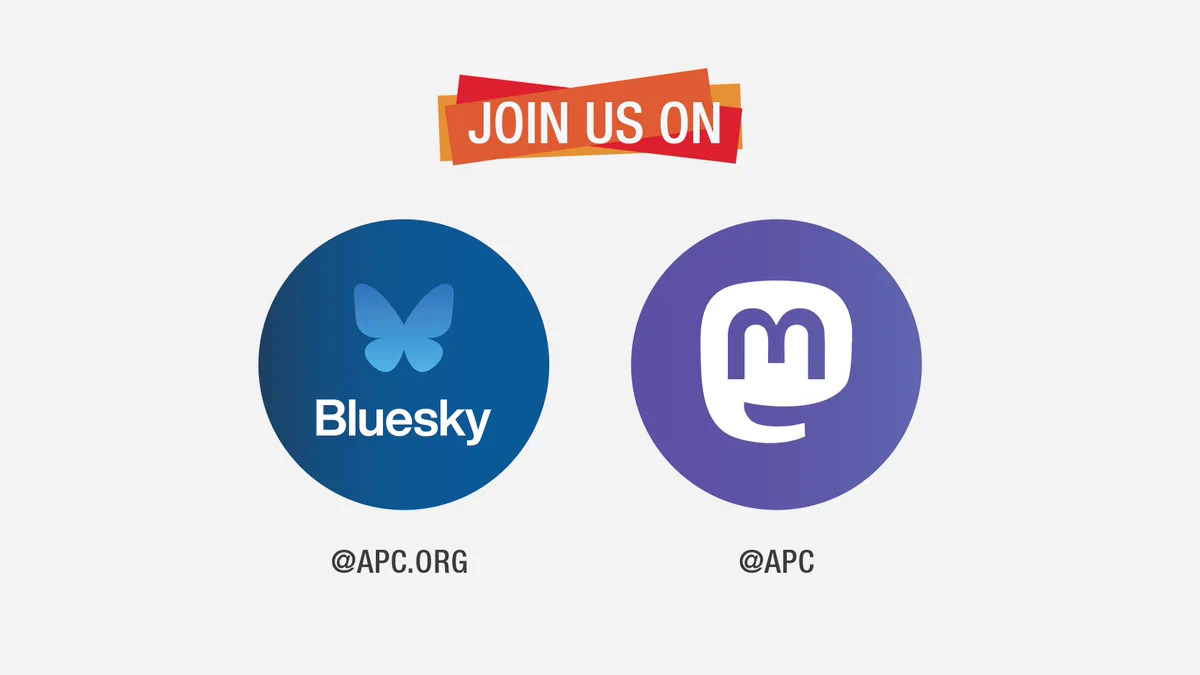 BlueSky and Mastodon logos, with the @apc.org (Bluesky) and @apc (Mastodon) handles. "Join us" message above, in red and white.
