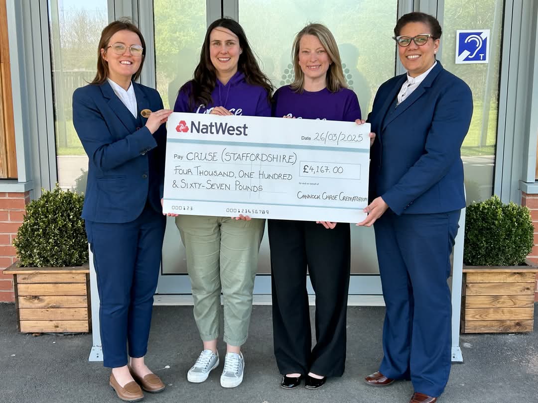 We are pleased to have donated £4,167.00 to <a href="/CruseSupport/">Cruse Bereavement Support</a>
Staffordshire from the <a href="/InstituteCCM/">ICCM</a> - Institute of Cemetery and Crematorium Management metal recycling programme as part of our continued support of our local charities within our local community.