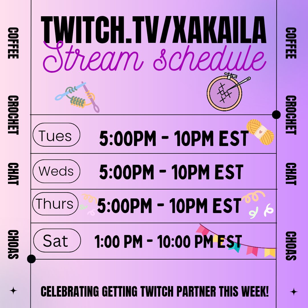 Stitchedcrafts's tweet photo. Schedule for the week! Come visit me live on #Twitch as I will be celebrating all week!
#twitchpartner #craftstreamer #creativestream #fiber #craftingcommunity #twitchstream #shopdrop #crocheting #fiberart #live #multicrafter #Handmade #yarnaddict #crafty #TwitchSchedule https://t.co/9AR7n6xXkn