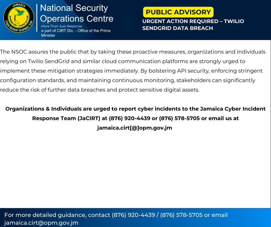 cirtgovjm's tweet photo. ๐จ Security Alert: Twilio SendGrid breach exposes sensitive customer data via misconfigured API endpoints. Act nowโupdate your configurations, enforce strict access controls, and monitor for suspicious activity. #DataBreach #NSOC #JaCIRT https://t.co/yh2BVHqL4R