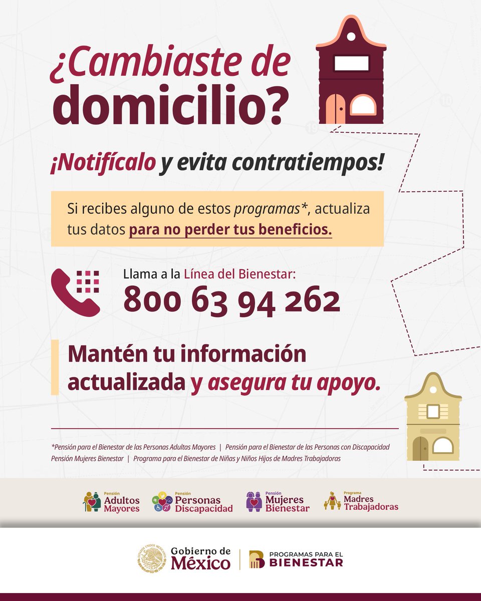¿Cambiaste de domicilio? 👀👉🏻 Actualiza tus datos llamando a la Línea de Bienestar: 800 63 94 262.

Así recibirás sin contratiempos tu apoyo de adultos mayores, personas con discapacidad, mujeres bienestar o madres trabajadoras. 👴🏼

Más información: bit.ly/ActulizaDatosP…