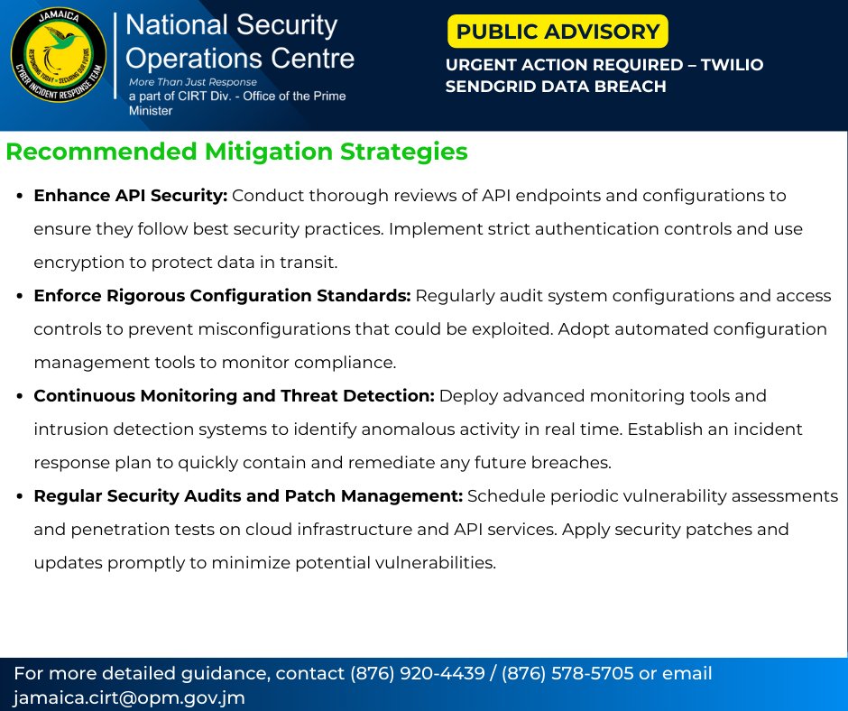 cirtgovjm's tweet photo. ๐จ Security Alert: Twilio SendGrid breach exposes sensitive customer data via misconfigured API endpoints. Act nowโupdate your configurations, enforce strict access controls, and monitor for suspicious activity. #DataBreach #NSOC #JaCIRT https://t.co/yh2BVHqL4R