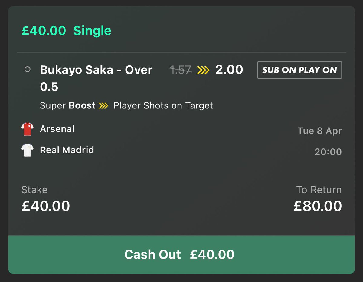 LordFootyTips's tweet image. 💰 £80 CASH GIVEAWAY!!!! 

If Bukayo Saka has an SOT for the Arsenal v Real Madrid super boost today, I’ll giveaway….

£40 to someone who LIKES this ❤️
£40 to someone who RTs this 🔁
Must FOLLOW @LordFootyTips ✅