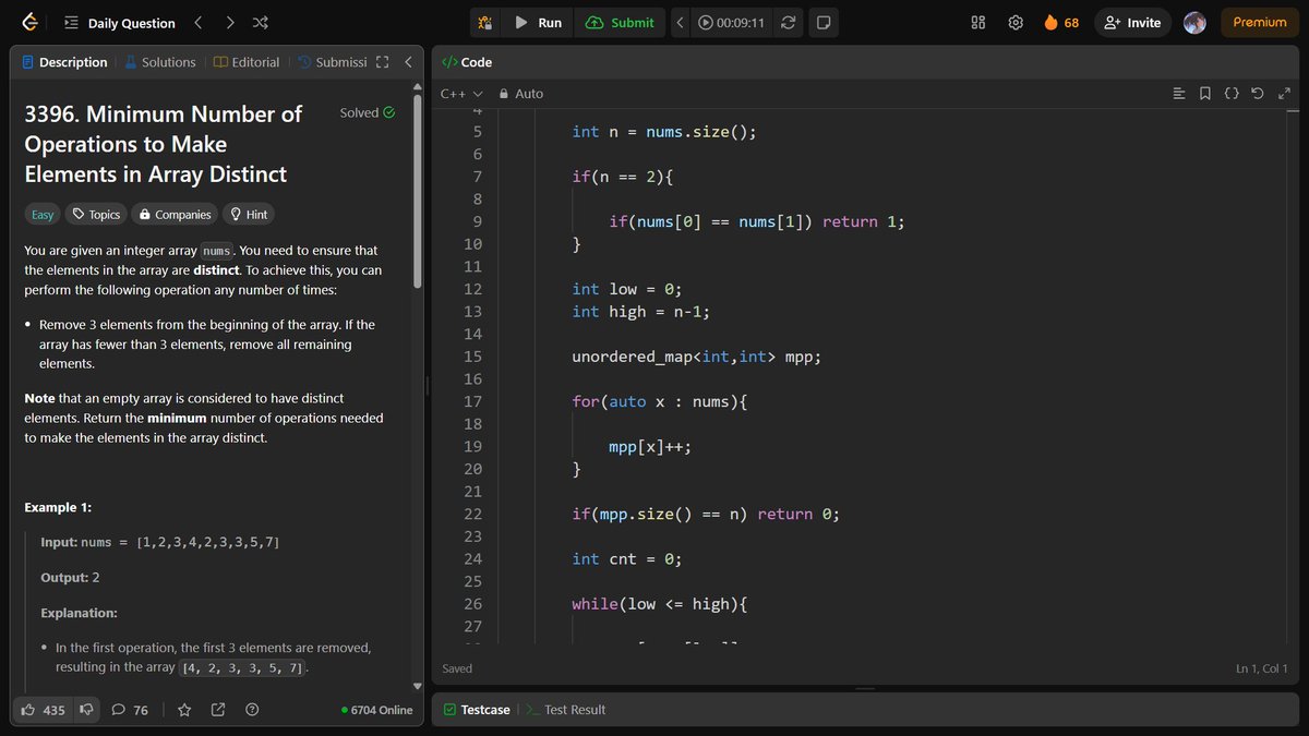 LEETCODE POTD - Minimum Number of Operations to Make Elements in Array Distinct : Solved it using brute force will try to optimize it 

GFG POTD - BRIDGE IN GRAPH : Brute force - Used normal DFS call for each component and stored the count
optimal -Used  DSU data structure 🍁🍀🌿