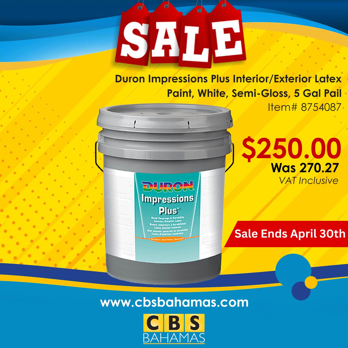 CBSBahamas's tweet photo. Ready for a refresh? ✨ The Duron Impressions Plus Latex Paint is now on SALE at CBS Bahamas! Enjoy excellent coverage and a beautiful semi-gloss finish, perfect for both inside and outside your home. Sale ends April 30th!

💻🛒Shop Now: https://t.co/COveVaASYZ

#buildbeautiful https://t.co/0TKvwJVCCW