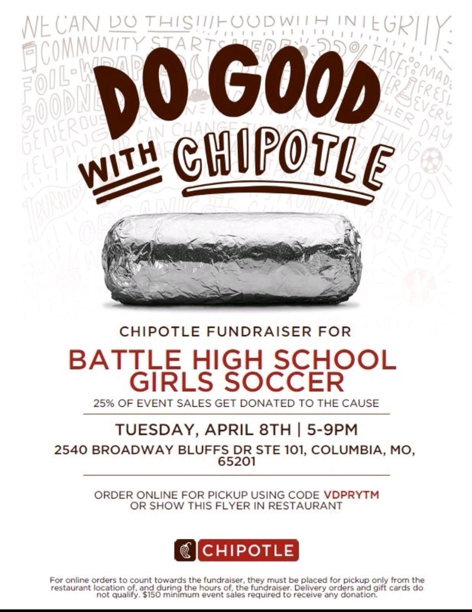 Columbia area friends, dinner plans are taken care of: Go help out Battle Soccer with Chipotle fundraiser today!!