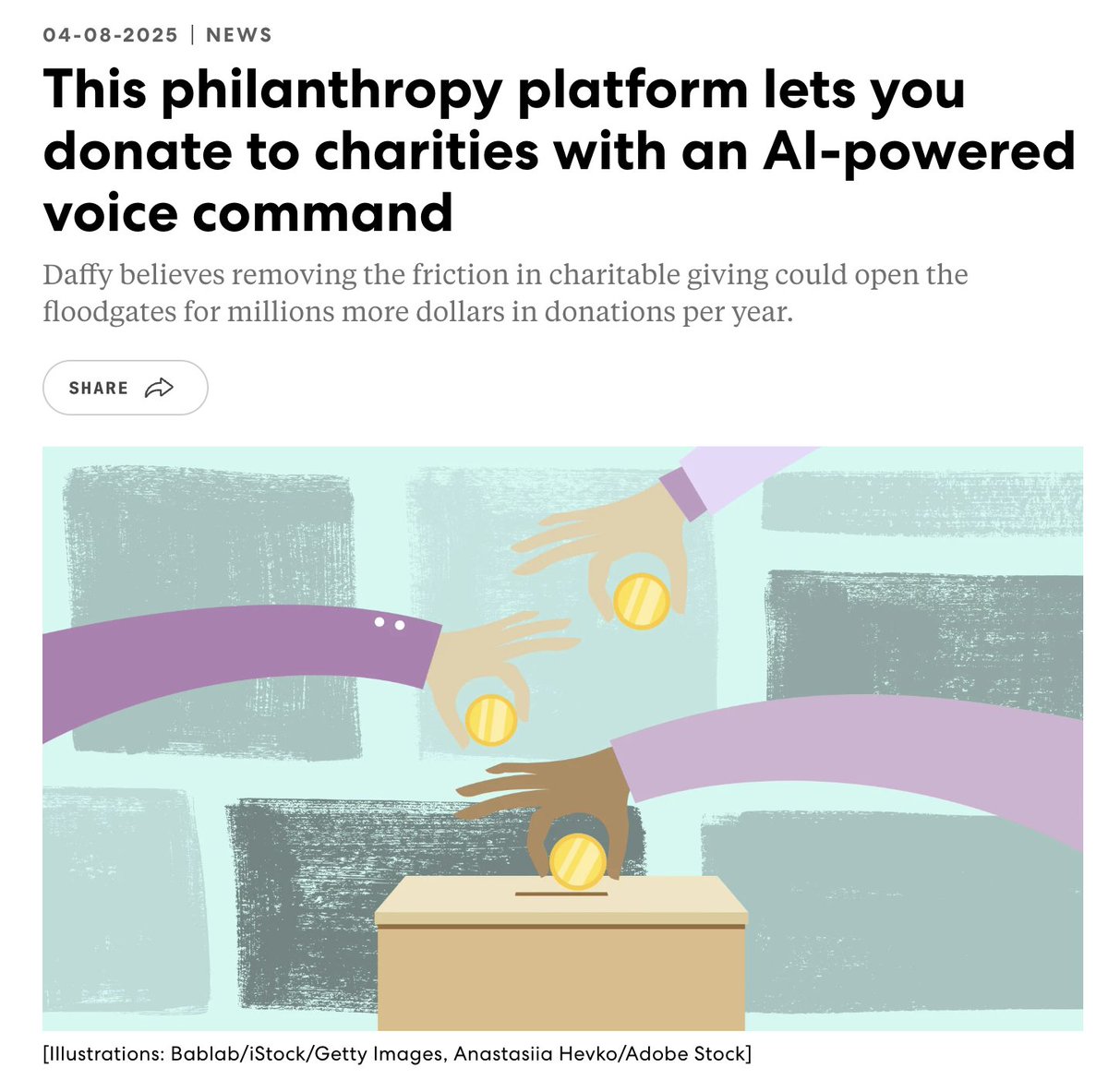 Great coverage today for <a href="/DaffyGiving/">Daffy</a> and it's new AI-power feature, "Quick Donate" 🎉

Friction is the enemy of generosity, and AI has the potential to help us all be our better selves. 🙏