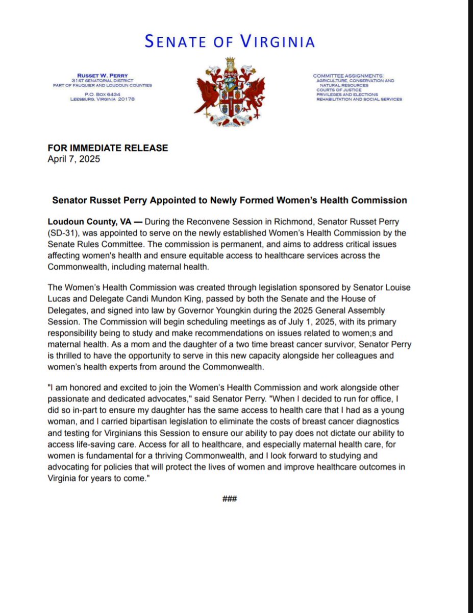 RussetPerry's tweet image. Thrilled to be appointed by my colleagues to serve on the newly-established Women's Health Commission! Please see my full statement on this news below: