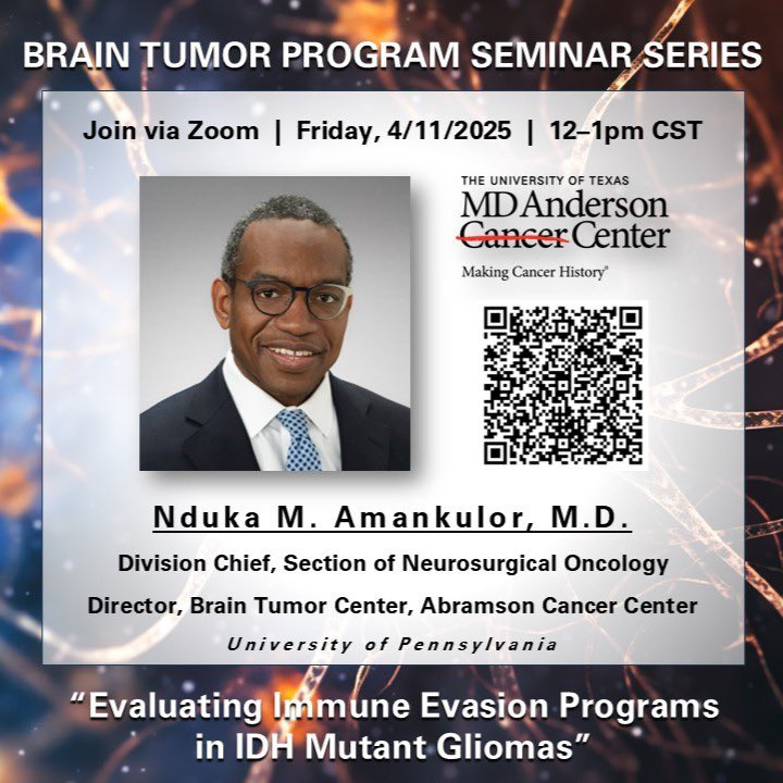 Caroline Brennan (@txbraintrust) on Twitter photo 🚨Friday, April 11, 12 noon CST🚨
Dr. <a href="/NdukaAmankulor/">Nduka Amankulor, MD</a> joins the <a href="/MDAndersonNews/">MD Anderson Cancer Center</a> Brain Tumor Program seminar series from <a href="/PennNSG/">Penn Neurosurgery</a>!
We’ll be discussing gliomas and research to #endcancer.
Email tpmarin@mdanderson.org for login details 👩💻 🚨Friday, April 11, 12 noon CST🚨
Dr. <a href="/NdukaAmankulor/">Nduka Amankulor, MD</a> joins the <a href="/MDAndersonNews/">MD Anderson Cancer Center</a> Brain Tumor Program seminar series from <a href="/PennNSG/">Penn Neurosurgery</a>!
We’ll be discussing gliomas and research to #endcancer.
Email tpmarin@mdanderson.org for login details 👩💻