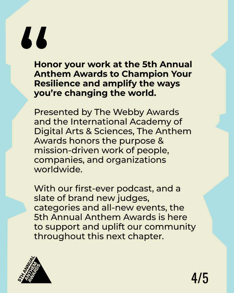 Welcome to the 5th Annual Anthem Awards 📣✨

Swipe through to read the full welcome letter from our General Manager, Trisha Mcloughlin.

👉 Enter the 5th Annual Anthem Awards by the Early Entry Deadline on Friday, June 6th: vist.ly/3mzcqx9 

#anthemawards