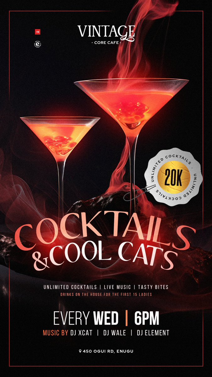 vintagecorecafe's tweet photo. Wednesdays just got a whole lot cooler at Vintage Core Café! 

Sip your way through our exclusive Wednesday cocktail menu, enjoy unlimited cocktails for just 20K, and vibe to live music. 

Plus, the first glass of cocktails is on the house for the first 15 ladies! 🔥 https://t.co/NSUtk5LQwK