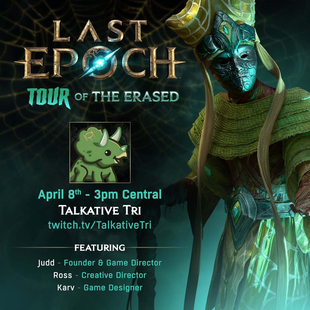 🎙️Tour of the Erased Continues🎙️ 

Judd, Ross, and Karv will be on stream with Talkative Tri to go over itemization in Last Epoch Season 2: Tombs of the Erased. 

You won't want to miss it. 

Time: 8 PM UTC / 3 PM CDT
Link: bit.ly/3GbSM9O