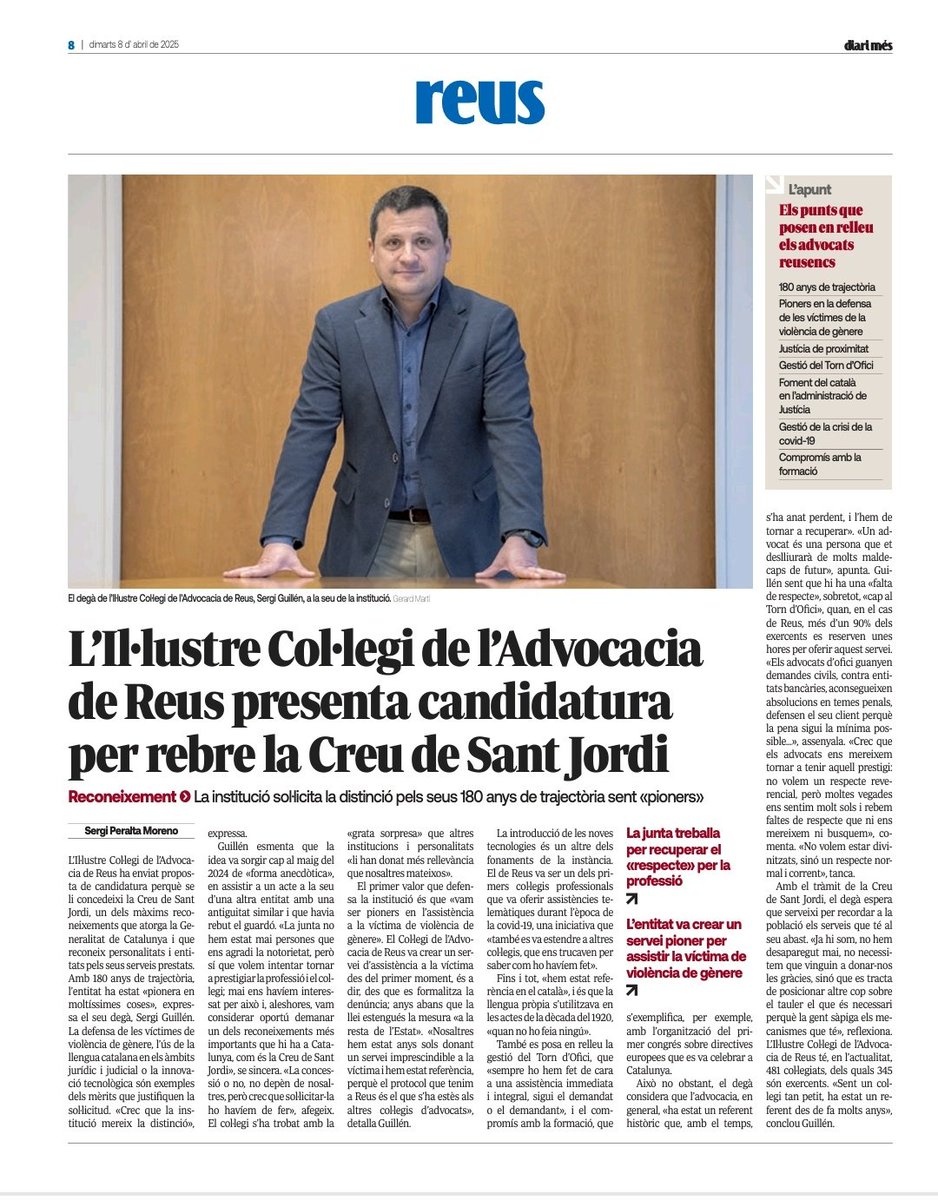 AdvocaciaReus's tweet photo. 📰 #ReculldePremsa| Compartim notícia de @diarimes relacionada amb la sol·licitud de la Creu de Sant Jordi en assolir el Col·legi 180 anys de trajectòria. 

ℹ️ https://t.co/GB52Ka913n https://t.co/zYCHgtJac8
