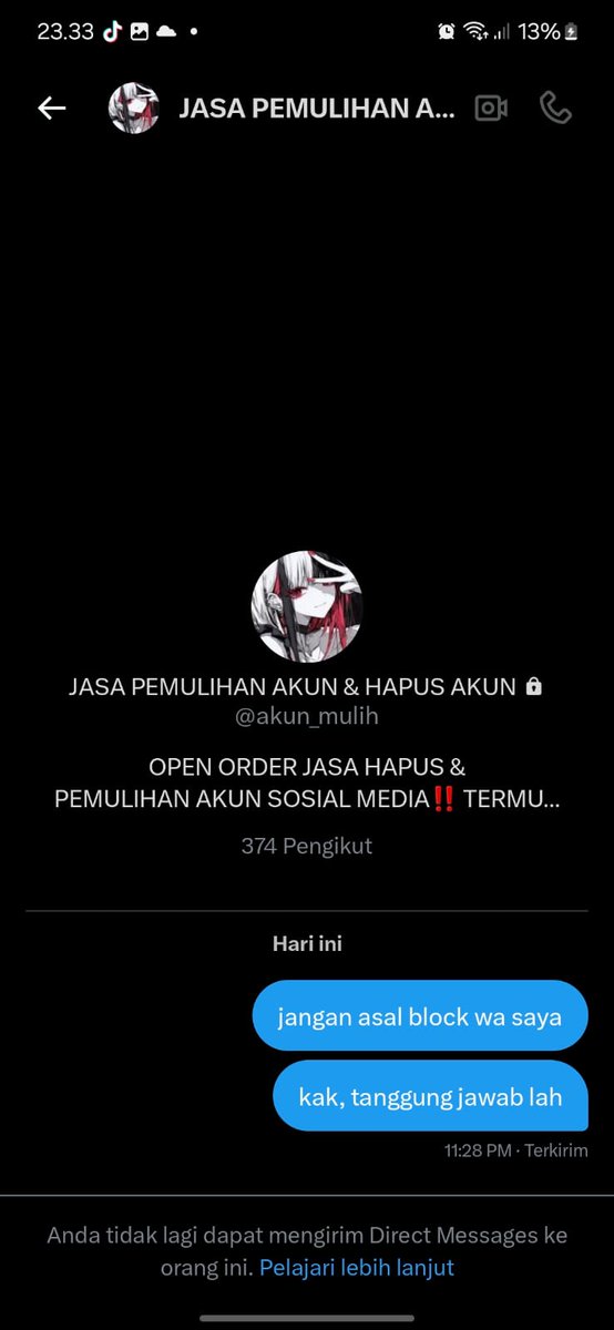 chrstiinaa_'s tweet photo. HATI-HATI PENIPUAN BERKEDOK JASA PEMULIHAN AKUN,  tolong bantu repost biar gaada korban lainnya‼️‼️ https://t.co/oIw6K0ba6u