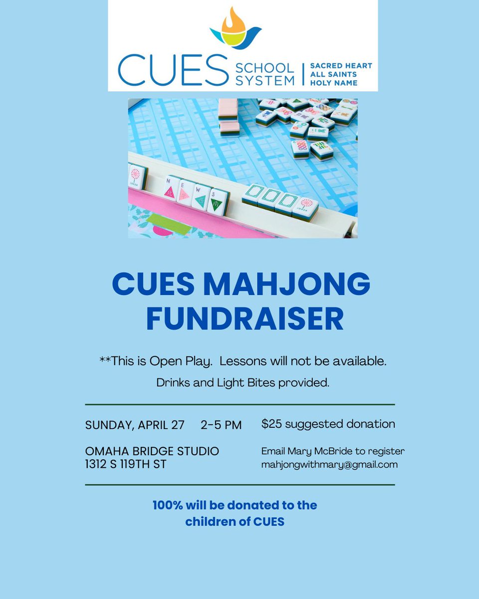 Join us for an afternoon of Mahjong! 👉docs.google.com/forms/d/e/1FAI…
Bring a friend or come alone, you are all welcome to the table! Light bites and drinks will be provided. 100 percent of donations go directly to the students at the 3 CUES Schools.