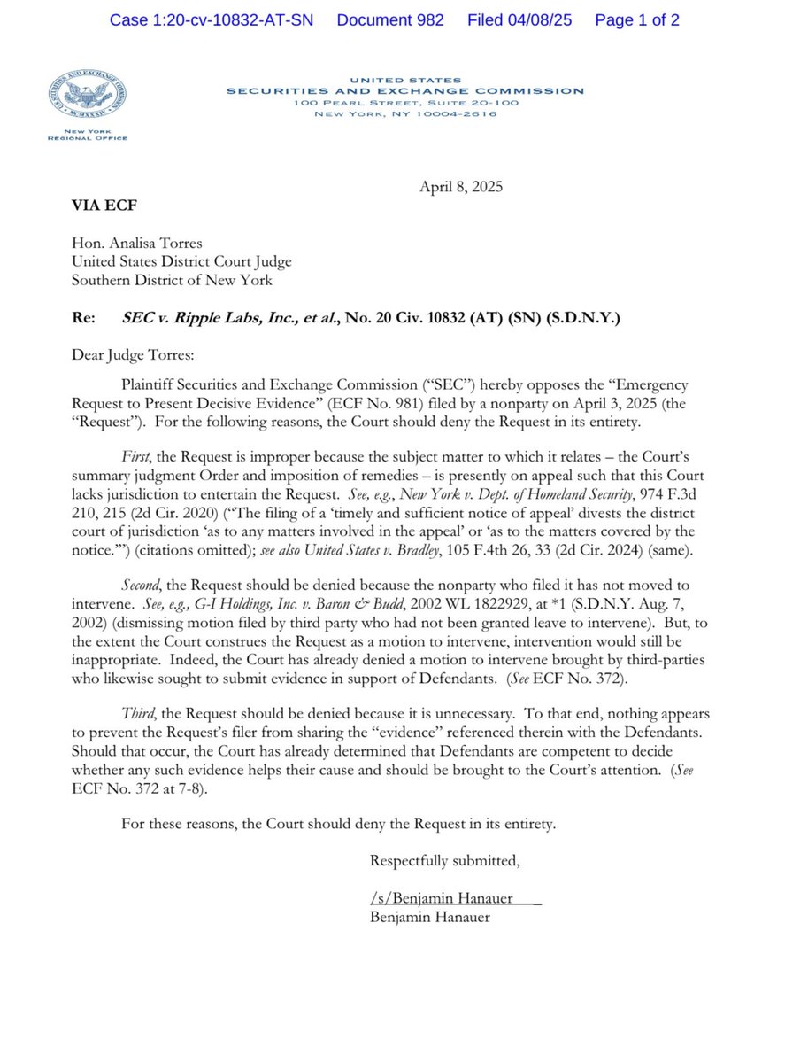 EleanorTerrett's tweet photo. 🚨NEW: The @SECGov has just filed an opposition to that “emergency request to present decisive evidence” in favor of @Ripple we saw filed last week by one Justin W. Keener. 

The SEC opposes the motion because, they say, that 1) The District Court lacks jurisdiction over the request as the case had already moved to the Second Circuit, 2) Keener did not file the proper motion to intervene and 3) it’s unnecessary because, as the SEC lawyer points out, Ripple is competent enough to decide on its own whether the “evidence” in question could help its case.

For those reasons, the SEC is asking Judge Torres to deny the request entirely.