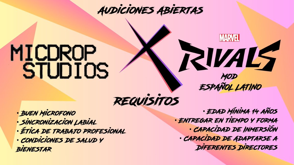 MicdropCo's tweet photo. AUDICIONES ABIERTAS EN EL DISCORD LOBBY DE MICDROP STUDIOS

https://t.co/2Mn5CsI1iO

#Games #MarvelRivals #Doblaje #Fandub #Fandubs https://t.co/bYDhpKrD3k