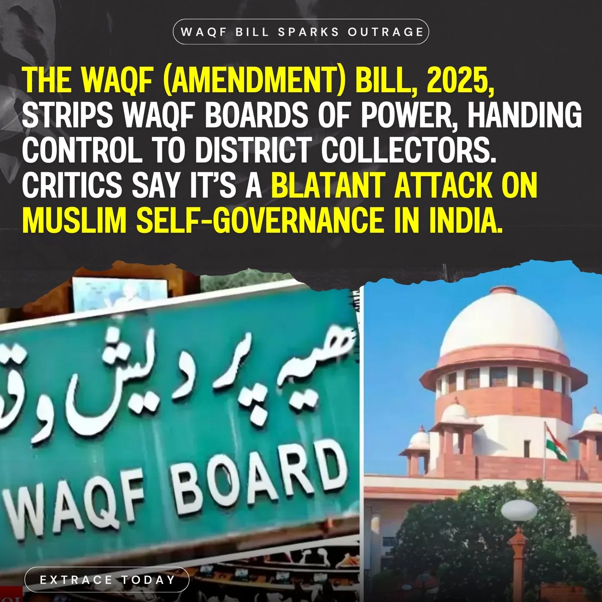ExtraceToday's tweet photo. The Waqf (Amendment) Bill, 2025, has sparked debate across India. What’s it all about? A THREAD 

Our photocards break it down—from land rights to board changes. Swipe through for the full picture and join the conversation. 

 #WaqfExplained #KnowTheFact https://t.co/lT2l1yfEZh