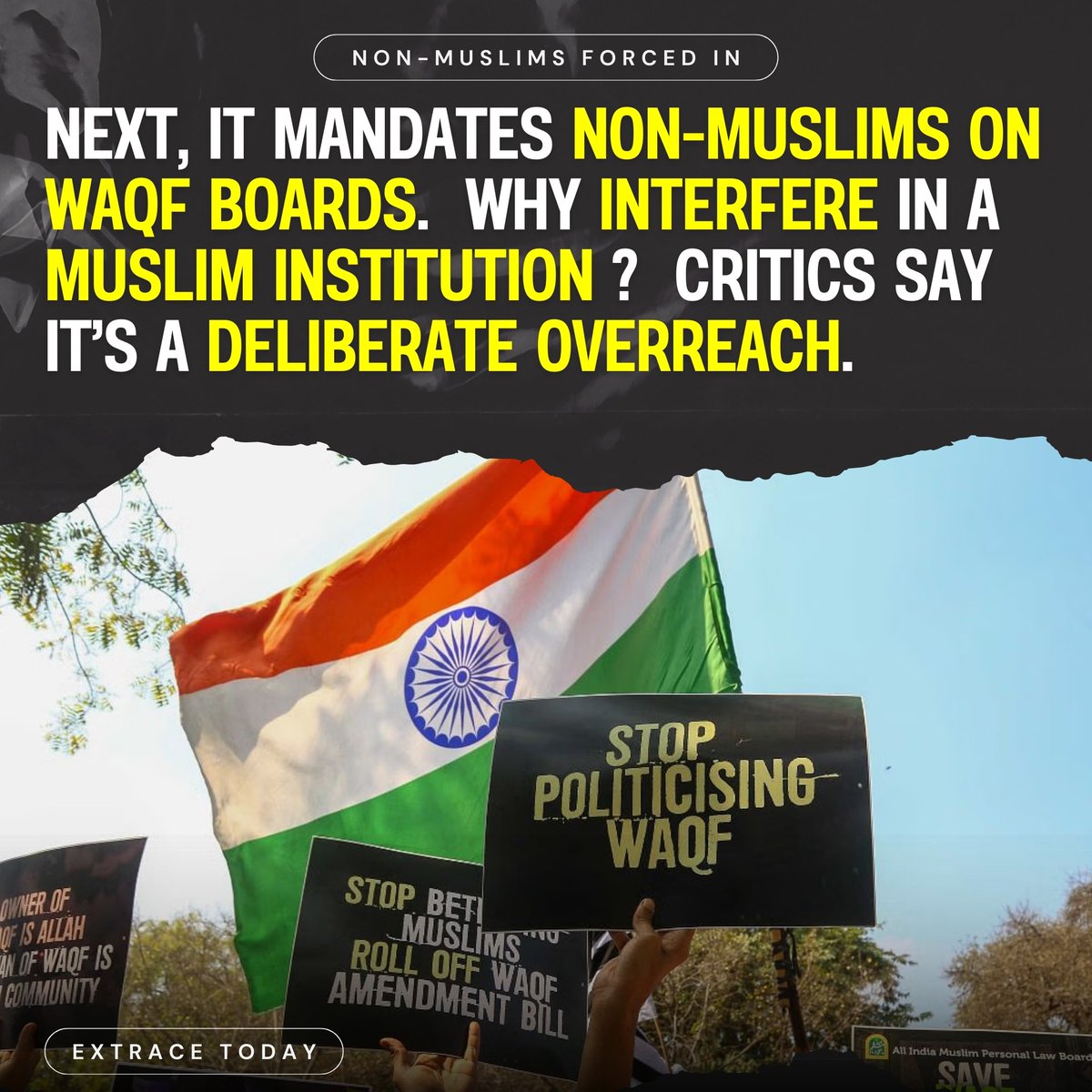 ExtraceToday's tweet photo. The Waqf (Amendment) Bill, 2025, has sparked debate across India. What’s it all about? A THREAD 

Our photocards break it down—from land rights to board changes. Swipe through for the full picture and join the conversation. 

 #WaqfExplained #KnowTheFact https://t.co/lT2l1yfEZh