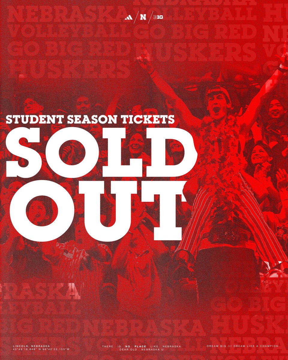 STUDENT TICKETS ARE SOLD OUT 🚫🎟️

2025 Student Tickets officially sold out in less than 24 hours! Husker Nation is built different… see y’all in the fall!