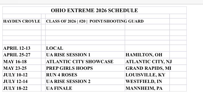 This session AAU schedule. Hope to see you there! Here is an added tournament! April 12-13 Battle of The Land, Cleveland Ohio