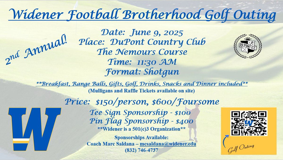 🚨📷Reminder:  Sign up for our 2nd Annual Widener Football Golf Outing!  Registration is open.  June 9th, 2025 at DuPont Country Club - The Nemours Course.  We'd love to have you guys come out for a fun day of golf and fellowship!📷2025WUFBGolfOuting.GolfGenius.com