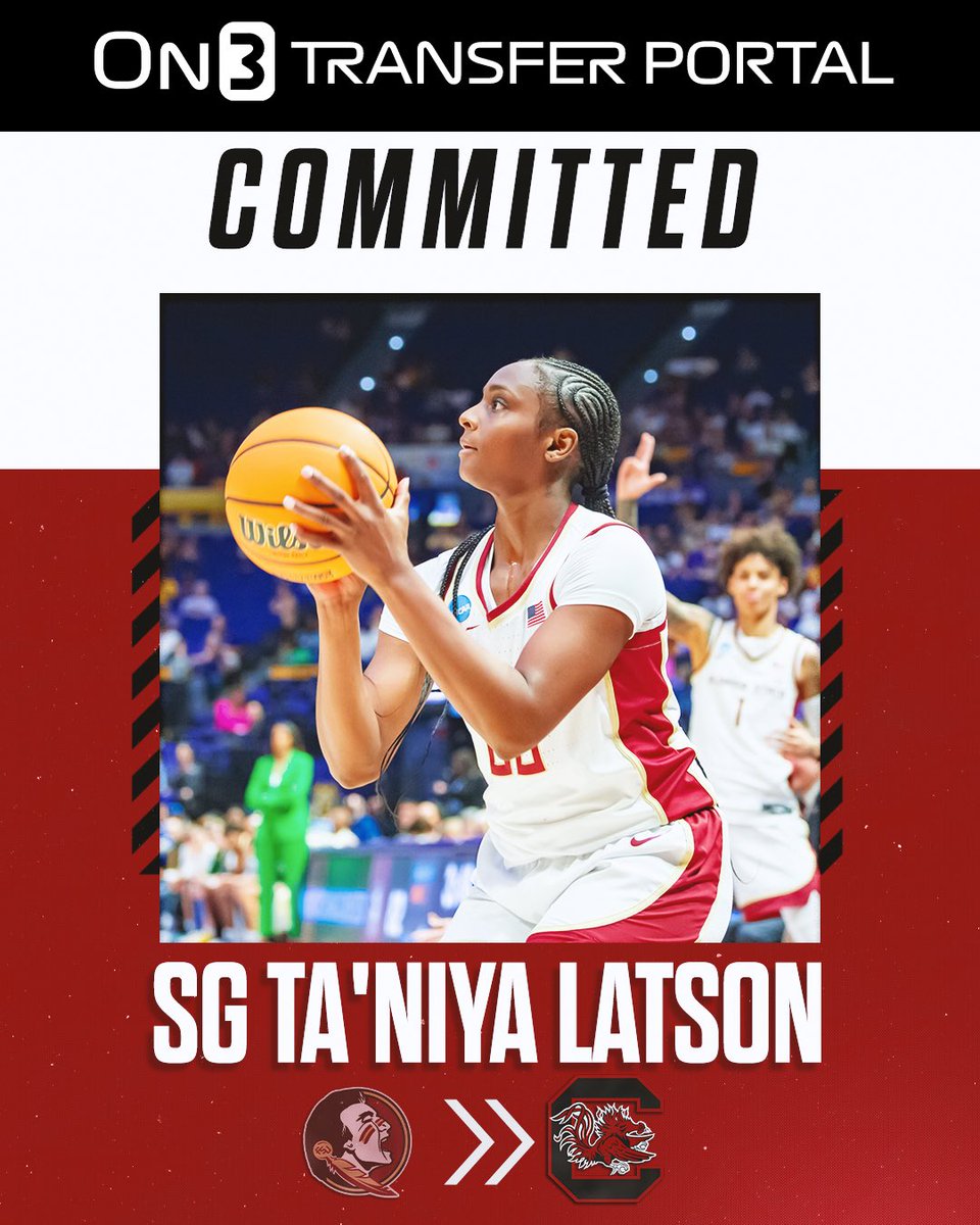 BREAKING: Florida State transfer Ta’Niya Latson has committed to South Carolina, she announced. 

The 5-8 junior averaged 25.2 ppg, 4.6 rpg and 4.6 apg this season. 

TRACKER: on3.com/her/news/on3-2…