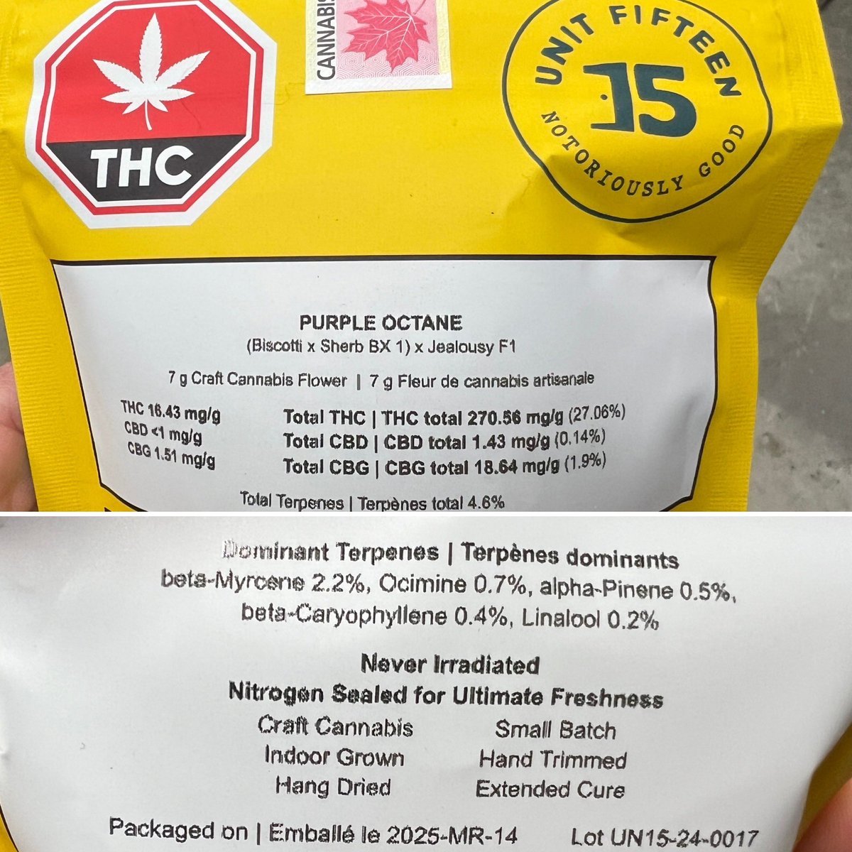 Purple octane from Unit 15. Smell and taste reminds me of rubber, gas and subtle fruit. Burns nice