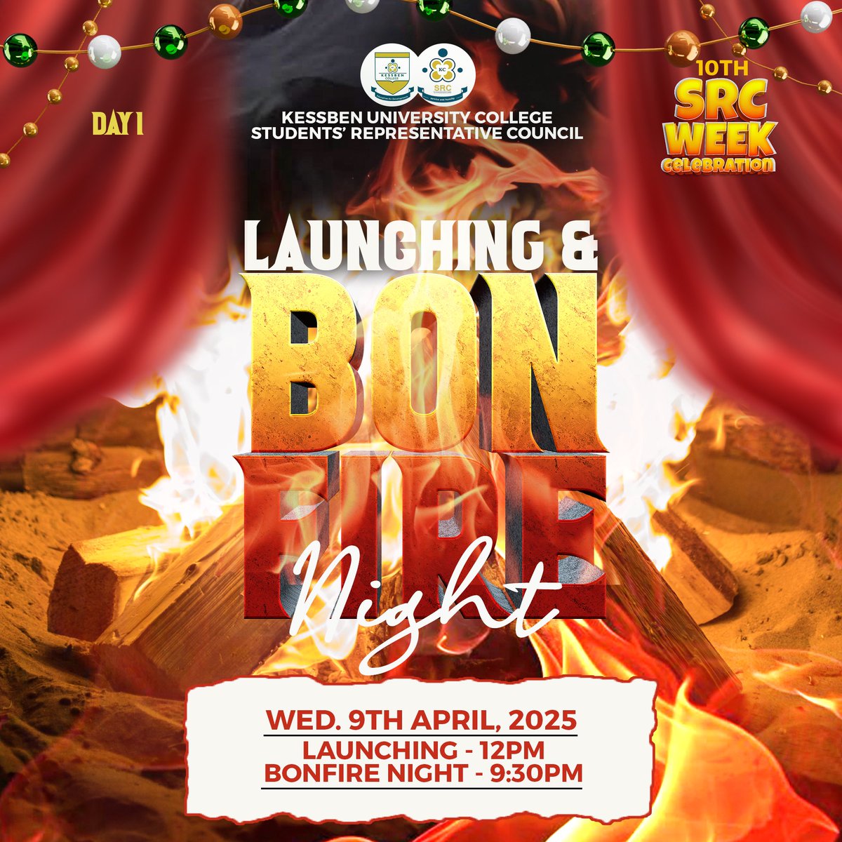 KcsrcOfficial's tweet photo. The countdown is on😍! Tomorrow marks Day 1 of the 10th SRC Week Celebration at Kessben University College! 
Join us for the official Launching at 12PM and an unforgettable Bonfire Night at 9:30PM. 
Let’s start this with fire!🔥🔥🔥
@kessbenmedia https://t.co/AOXKSupMAP