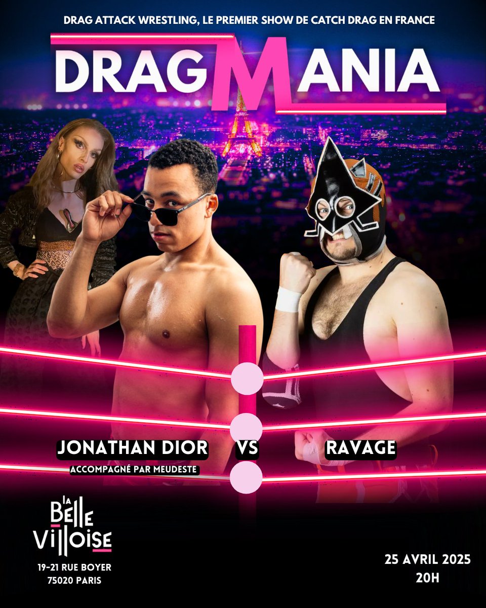‼️ NOUVEAU MATCH ANNONCÉ ‼️

Jonathan Dior, accompagné par Meudeste, fera face à un des membres des Niouks, Ravage.

📍 Rendez-vous à la Bellevilloise le 25 avril pour le show Dragmania !

Billetterie : shotgun.live/fr/events/drag…