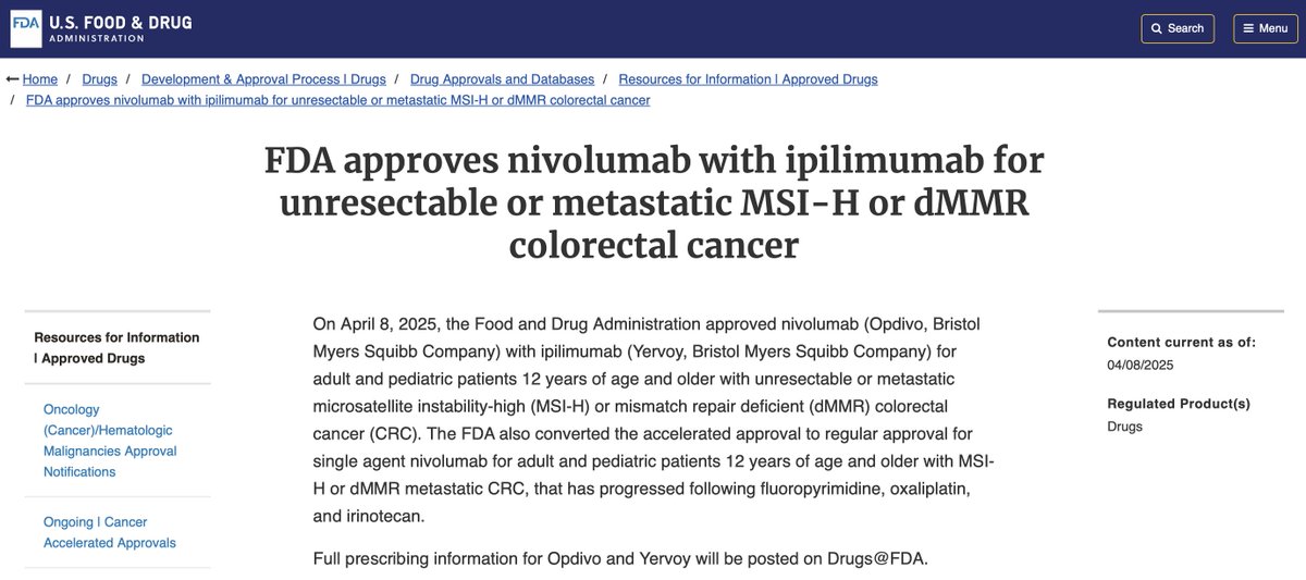 Arndt Vogel (@arndtvogel) on Twitter photo 🔥FDA approves nivolumab with ipilimumab for unresectable or metastatic MSI-H or dMMR colorectal cancer🔥
👉based on impressive efficacy in CHECKMATE-8HW
<a href="/myESMO/">ESMO - Eur. Oncology</a> 🔥FDA approves nivolumab with ipilimumab for unresectable or metastatic MSI-H or dMMR colorectal cancer🔥
👉based on impressive efficacy in CHECKMATE-8HW
<a href="/myESMO/">ESMO - Eur. Oncology</a>