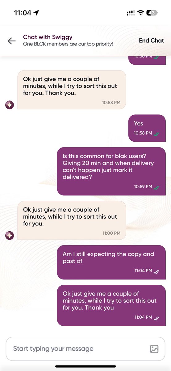 511_7_'s tweet photo. Hey @SwiggyCares, what’s the point of being a BLCK member if my order gets marked “delivered” when it clearly wasn’t? No updates, no food, just copy-paste replies. I expected better.
#SwiggyFail #BlckMemberBlues #WhereIsMyFood https://t.co/z9utmTLaYg