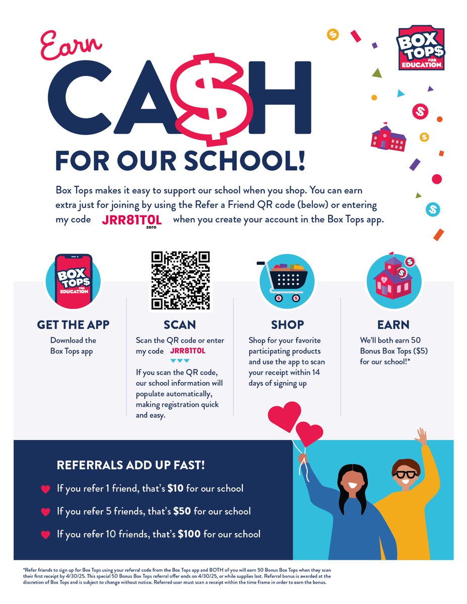 VMMSPTA1's tweet image. Earn Double Box Tops ($10) for new referrals now thru April 30! 🎉 Use code JRR81T0L &amp;amp; scan your first receipt to support our school! 📲🧾 #BoxTops