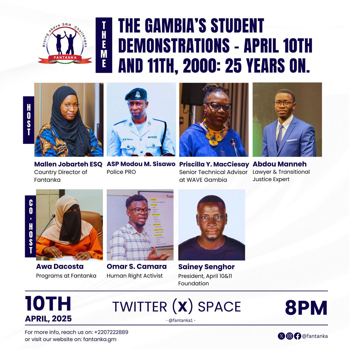 Fantanka1's tweet photo. 25 years on, the pain, memory, and call for justice remain.
Join the conversation on the April 10 & 11 student demonstrations.
Twitter (X) Space | Thurs, April 10, 2025:
https://t.co/5iKDUswTto
#Fantanka #NeverAsk #Justice #April10And11 #GambiaTruth #NeverAgain #YouthJustice https://t.co/fig0gz6Vst