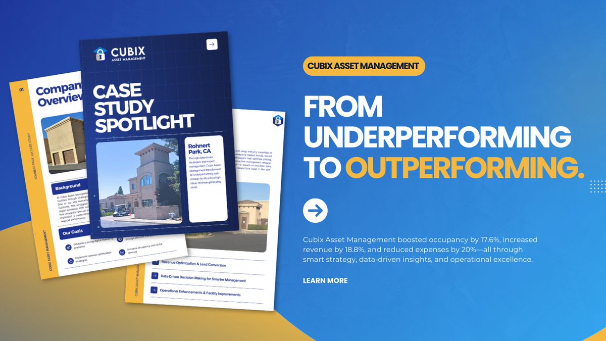 CubixStorage's tweet photo. 📍 Case Study: Rohnert Park, CA
From <70% occupancy to outperforming REITs—Cubix transformed this facility with data-driven ops &amp; smart strategy.

• +17.6% occupancy
• +18.8% revenue
• -20% expenses

📘 See how: https://t.co/SSrnELDlue
#CubixCrew #SelfStorage #RohnertPark https://t.co/FmOY8Ig704